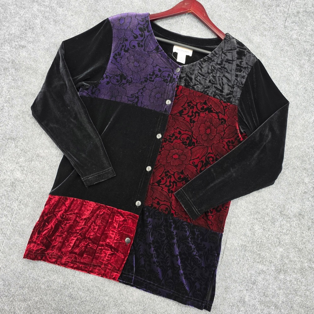 Bechamel Velvet Patchwork Cardigan Top Floral Burnout Mixed Media Black Red Med